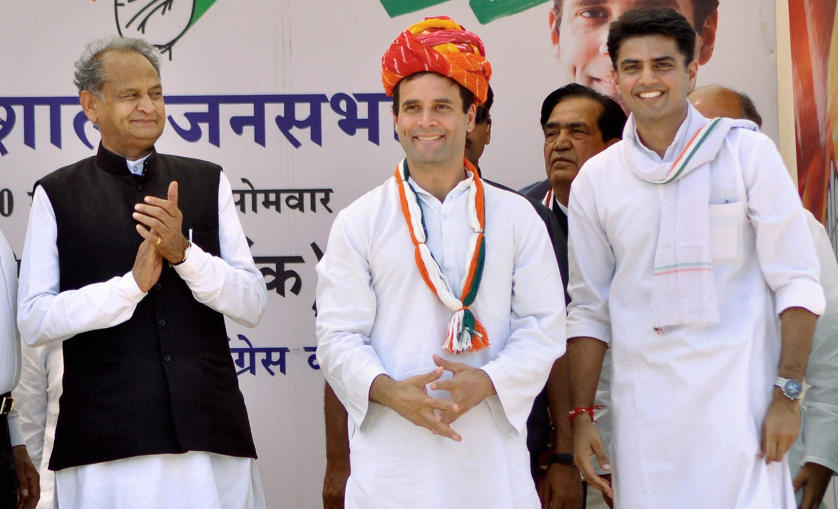 Congress Vice President Rahul Gandhi with Rajasthan Congress chief Sachin Pilot and party leader Ashok Gehlot during a rally at Deoli in Tonk district (Photo - PTI) Congress Vice President Rahul Gandhi with Rajasthan Congress chief Sachin Pilot and party leader Ashok Gehlot during a rally at Deoli in Tonk district (Photo - PTI)